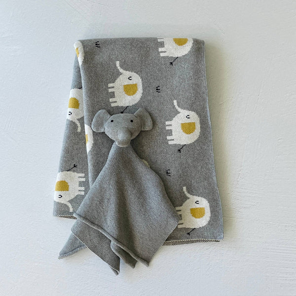 Elephant Jacquard Knit Baby Blanket & Lovey Gift SET