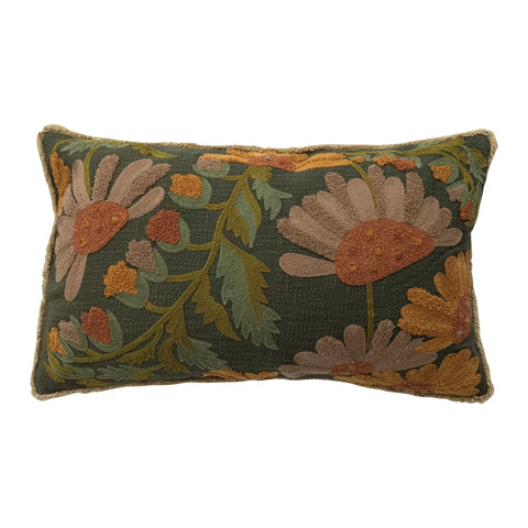 Embroidered Pillow w/ Flowers & Chambray