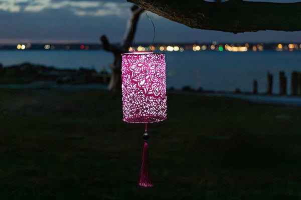 Stella Tassel 28.5" Cylinder Solar Lantern - Raspberry