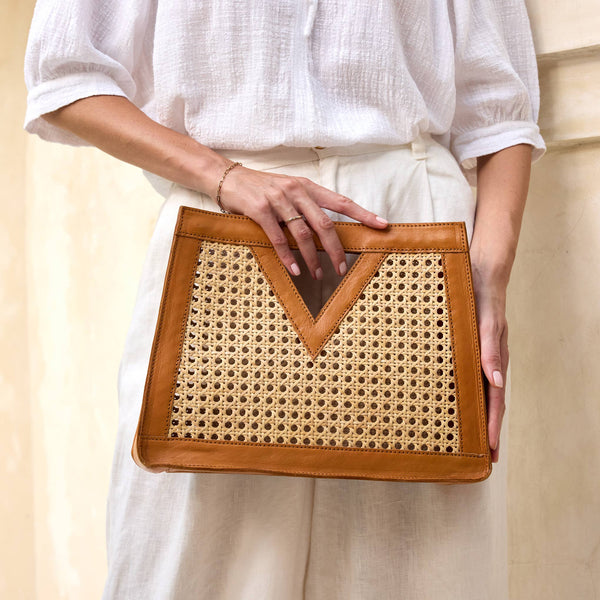 Rattan Brown Cane Weave Triangle Summer Resort Handbag
