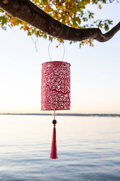 Stella Tassel 28.5" Cylinder Solar Lantern - Raspberry
