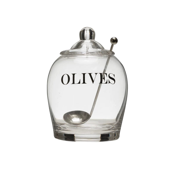 Olive Glass Jar with Slotted Spoon