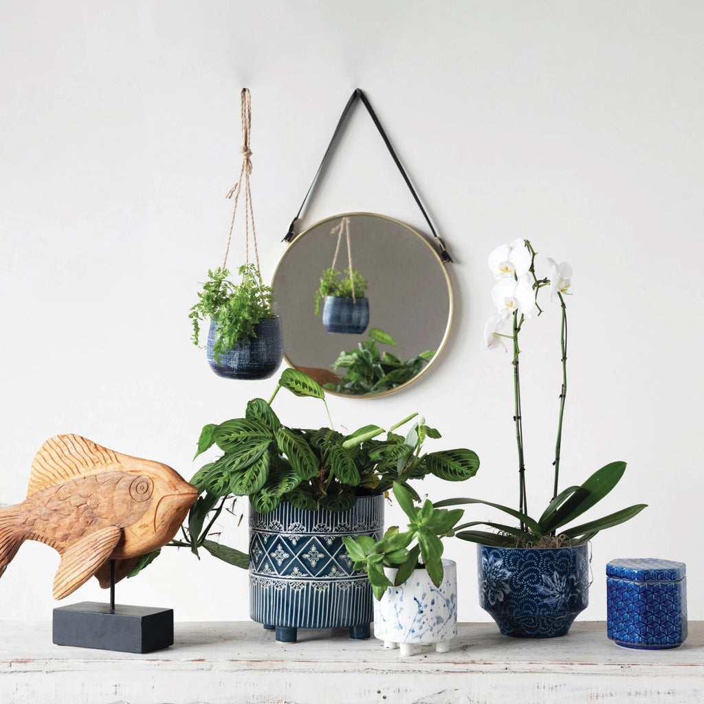 footed planter indoor Debossed Stoneware Footed Planter with Pattern, Blue/White