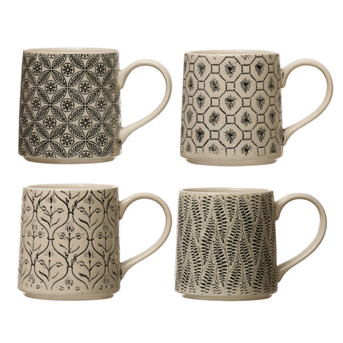 Hand-Stamped Stoneware Mug - Cream & Black | 4 Styles