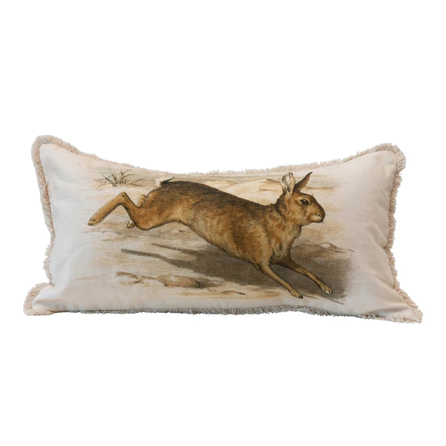 Cotton Lumbar Pillow with Rabbit & Fringe
