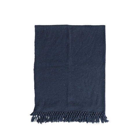 Woven Recycled Cotton Blend Throw with Crochet and Fringe | Navy Blue