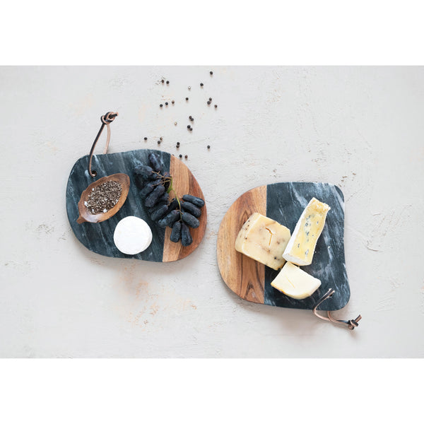 Marble and Acacia Wood Organic Shaped Cheese/Cutting Board with Leather Tie