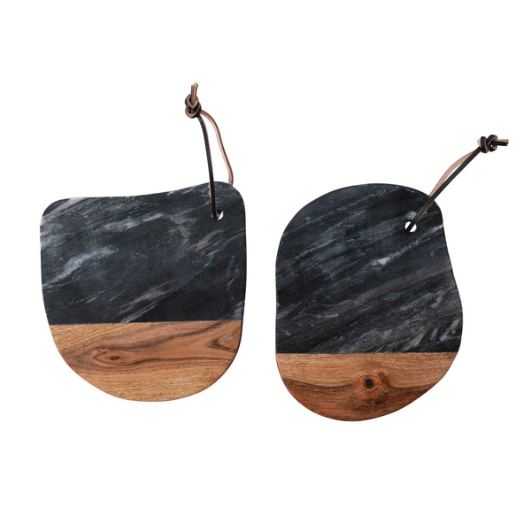 Marble and Acacia Wood Organic Shaped Cheese/Cutting Board with Leather Tie