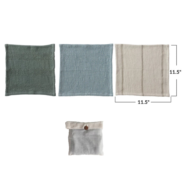 Cotton Waffle Weave Dish Cloths w/ Loop | Blue, Olive & Cream