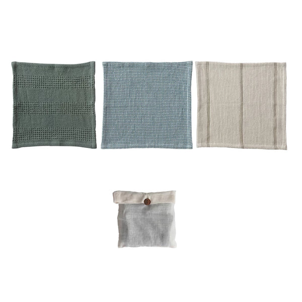 Cotton Waffle Weave Dish Cloths w/ Loop | Blue, Olive & Cream