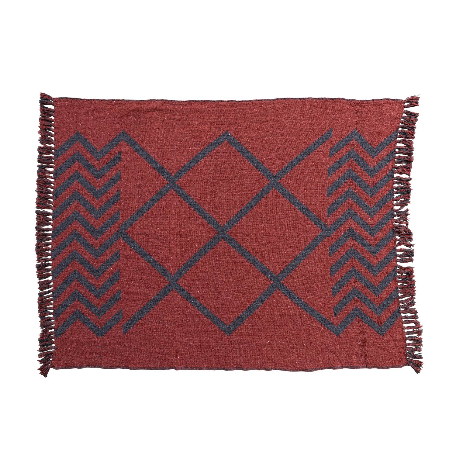 Recycled Cotton Blend Throw w/ Design & Fringe | Red & Navy