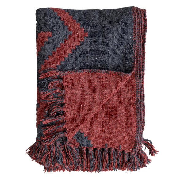 Recycled Cotton Blend Throw w/ Design & Fringe | Red & Navy