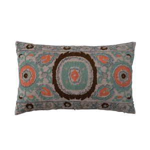 Cotton Slub Embroidered Lumbar Pillow w/ Design & Chambray Back
