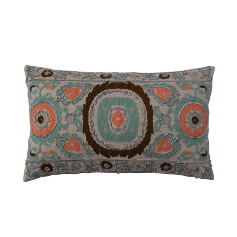 Cotton Slub Embroidered Lumbar Pillow w/ Design & Chambray Back