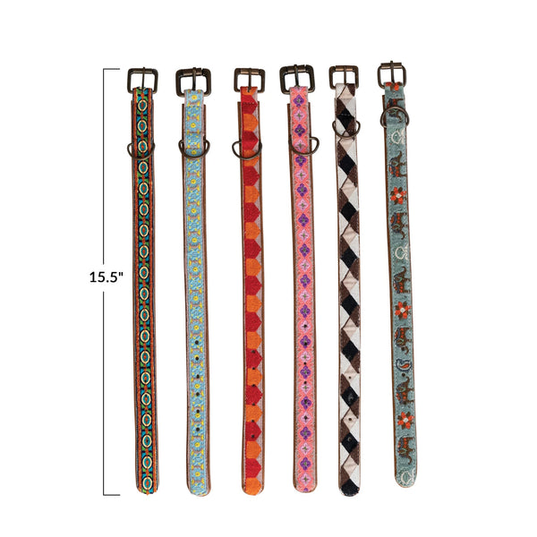 Cotton & Leather Dog Collar w/ Embroidery, 6 Styles