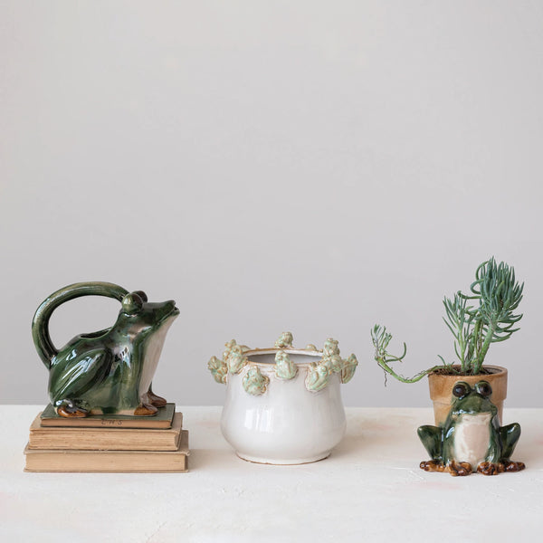 Stoneware Planter with Frogs on Rim, Reactive Glaze