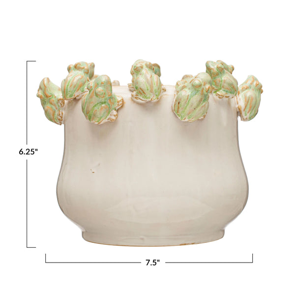 Stoneware Planter with Frogs on Rim, Reactive Glaze