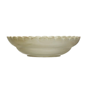 Stoneware Bowl w/ Scalloped Edge, Reactive Glaze, Green