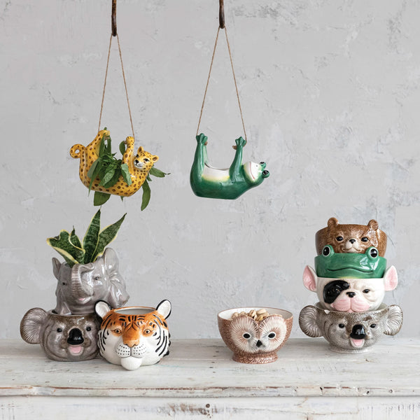 Hanging Ceramic Frog Planter w/ Jute Rope Hanger