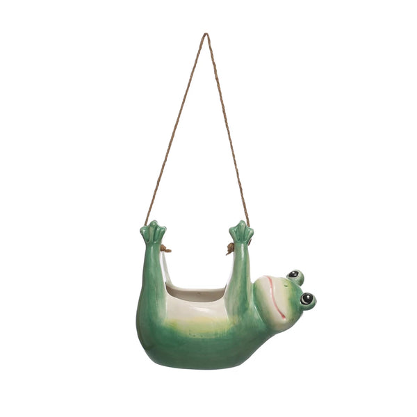 Hanging Ceramic Frog Planter w/ Jute Rope Hanger