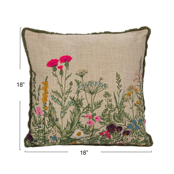 Cotton Slub Printed Pillow with Flowers