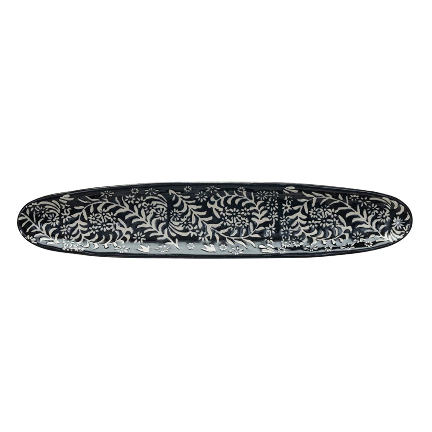 Stoneware Platter w/ Wax Relief Botanicals