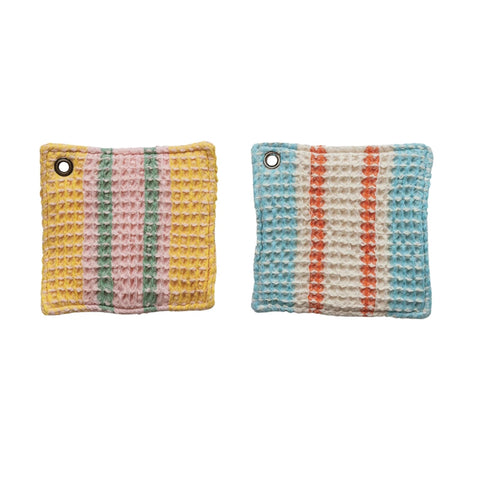 Waffle Weave Pot Holder w/ Stripes & Metal Grommet, 2 Styles