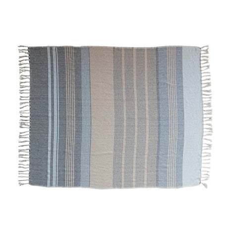 Recycled Cotton Blend Throw w/ Stripes & Fringe | Light Blue