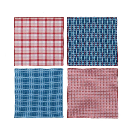 Woven Cotton Waffle Weave Napkins w/ Pattern & Stitched Edge | Set of 4