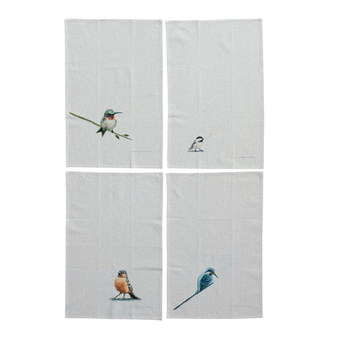 Cotton & Linen Printed Tea Towel w/ Bird | 4 Styles