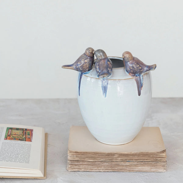 Stoneware Planter with Ceramic Birds