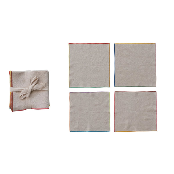 Woven Cotton Napkins with Stitched Colored Edge, Set of 4