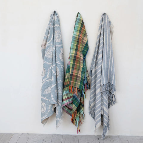 Woven Cotton Throw w/ Plaid and Fringe