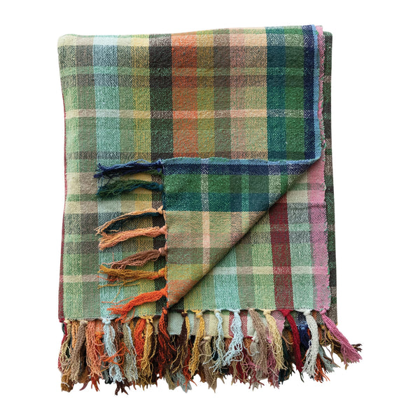 Woven Cotton Throw w/ Plaid and Fringe