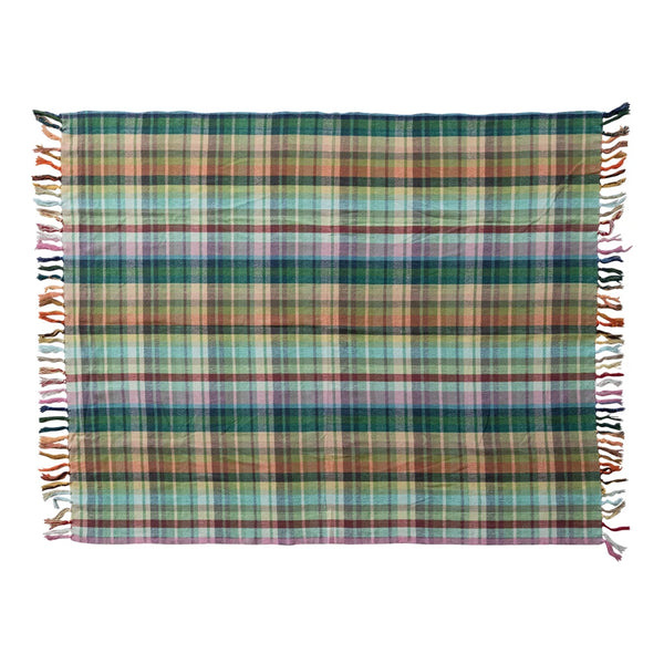 Woven Cotton Throw w/ Plaid and Fringe