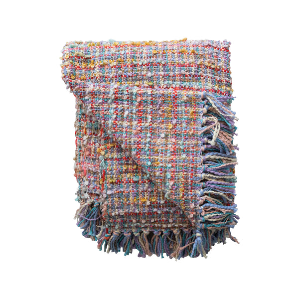 Woven Cotton Blend Slub Throw with Fringe