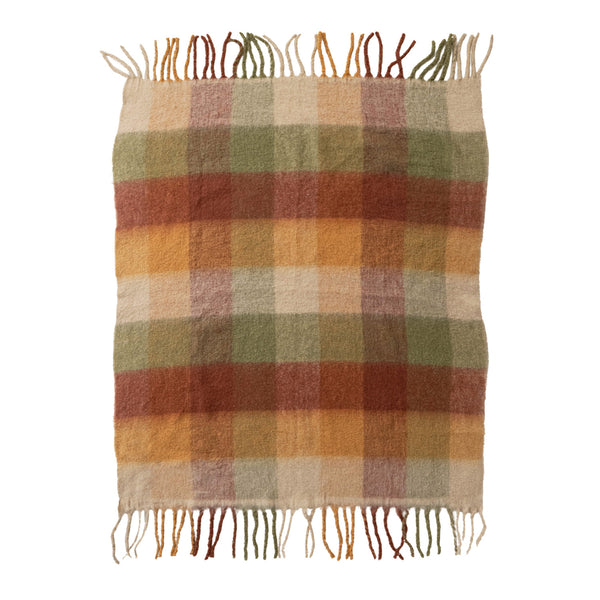 Woven Brushed Fabric Throw with Plaid Pattern & Fringe