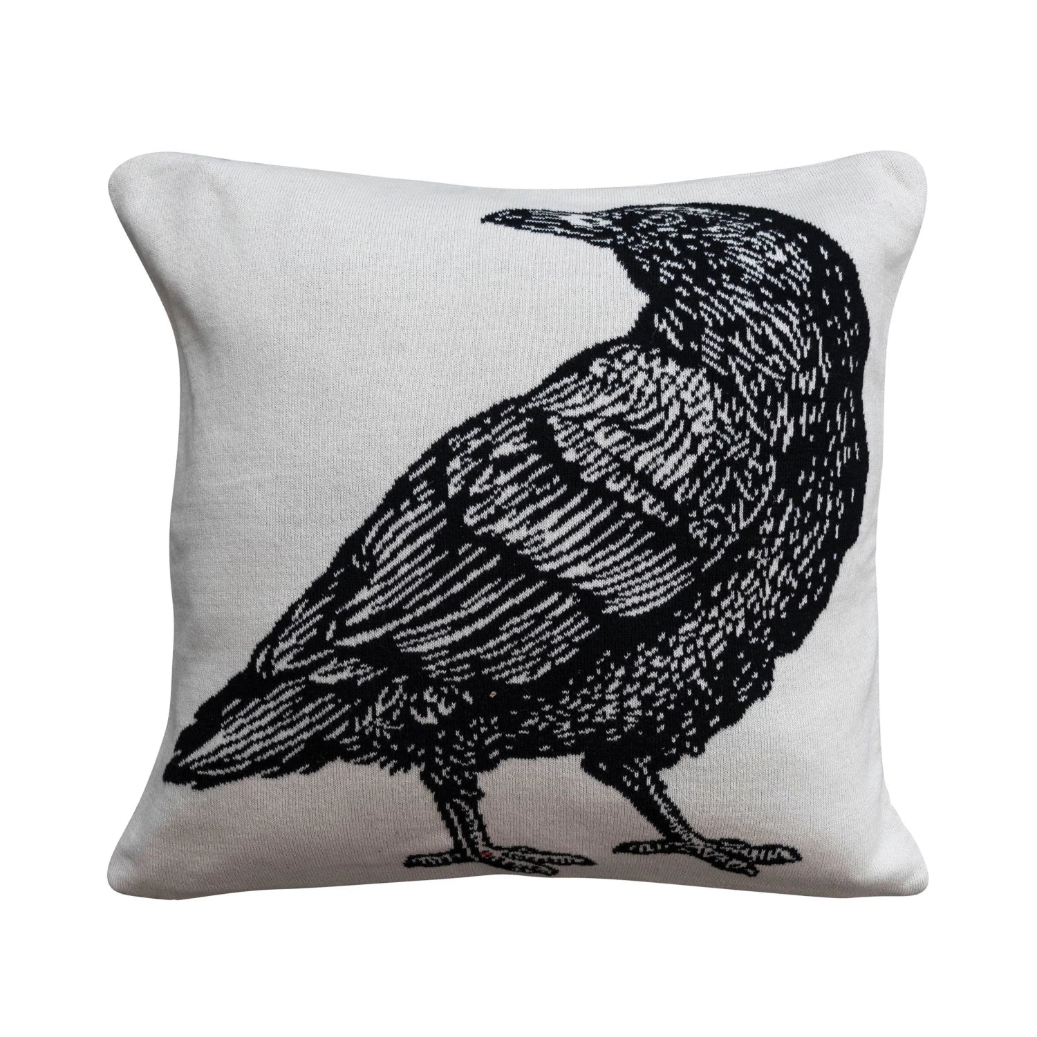 18" Square Two-Sided Cotton Knit Pillow w/ Crow, White & Black