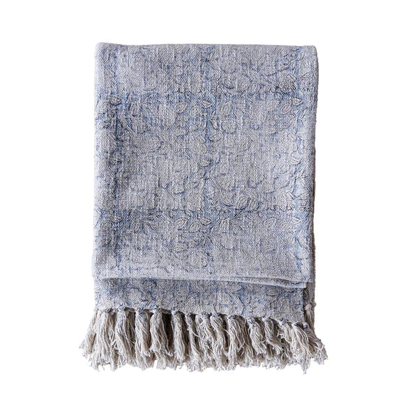 Handloom Cotton Throw w/ Block Print  |  Blue