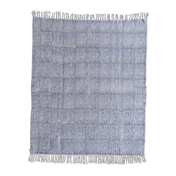 Handloom Cotton Throw w/ Block Print  |  Blue