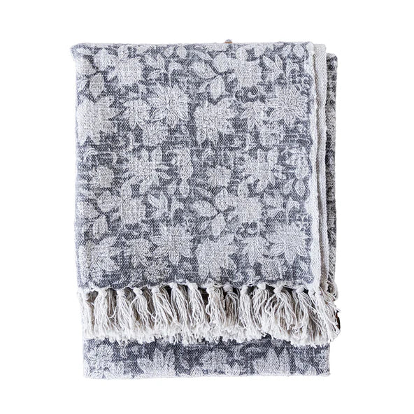 Handloom Slub Throw w/ Block Print  |  Black