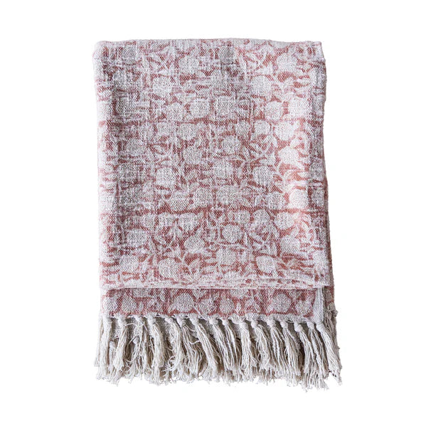 Handloom Cotton Throw w/ Block Print  |  Light Brown