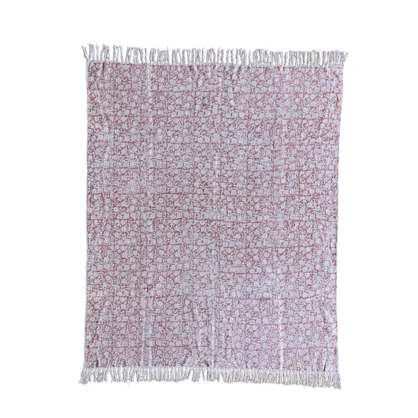 Handloom Cotton Throw w/ Block Print  |  Light Brown