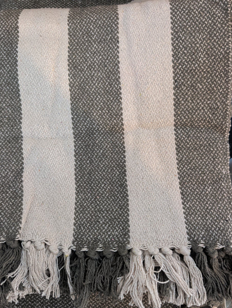 Recycled Cotton Striped Throw with Fringe, Natural & Green