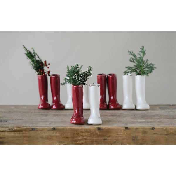 Stoneware Boot Vase, Red & White