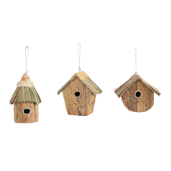 Handmade Wood and Grass Birdhouse Ornament, Natural, 3 Styles