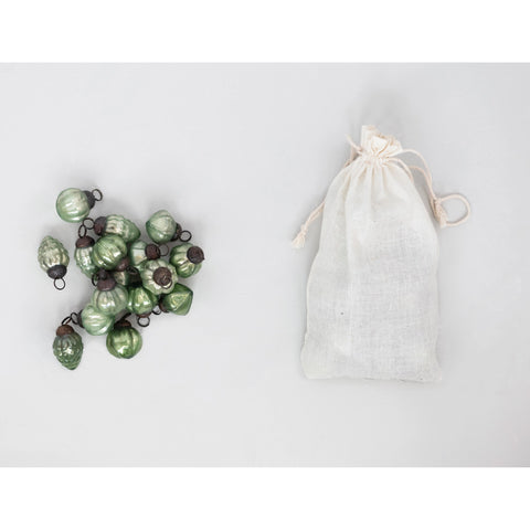 1"H Embossed Mercury Glass Ornaments in Muslin Bag, Green Colors, Set of 36