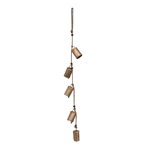 28"H Hanging Metal Bells with Wood Beads and Jute Rope