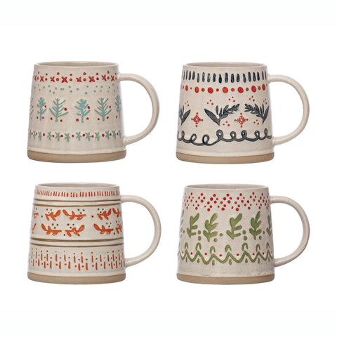 Hand-Stamped Stoneware Mug with Christmas Pattern | 4 Styles