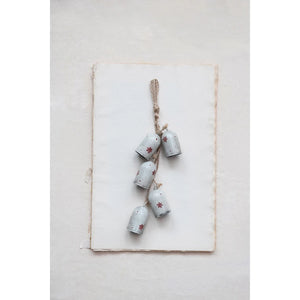 Metal Bells on Jute Hanger with Snowflakes, Cream Color and Red